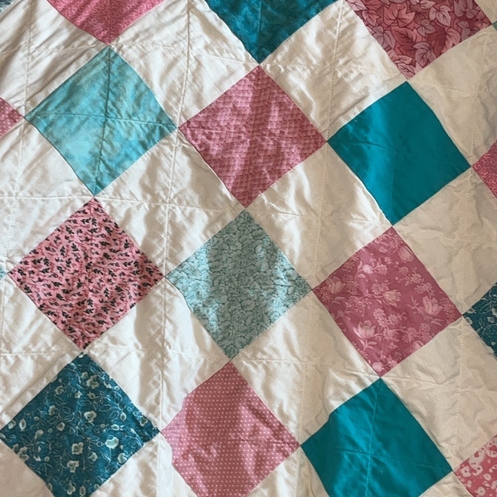 Vintage boho folk grandma quilt square pink teal patchwork zip jacket XL XXL - Picture 12 of 14
